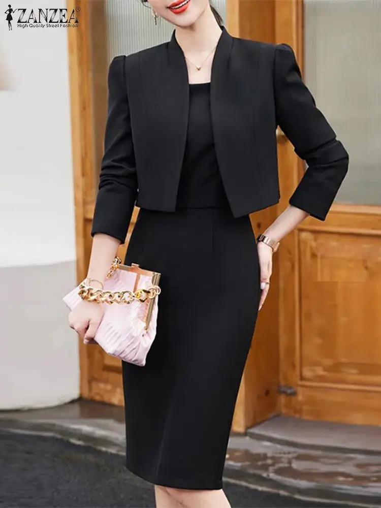 

ZANZEA Elegant Women OL Work Dress Sets 2PCS OL Work Outfits Fashion Solid Blazer Slim Vestidos Casual Solid Matching Sets 2024