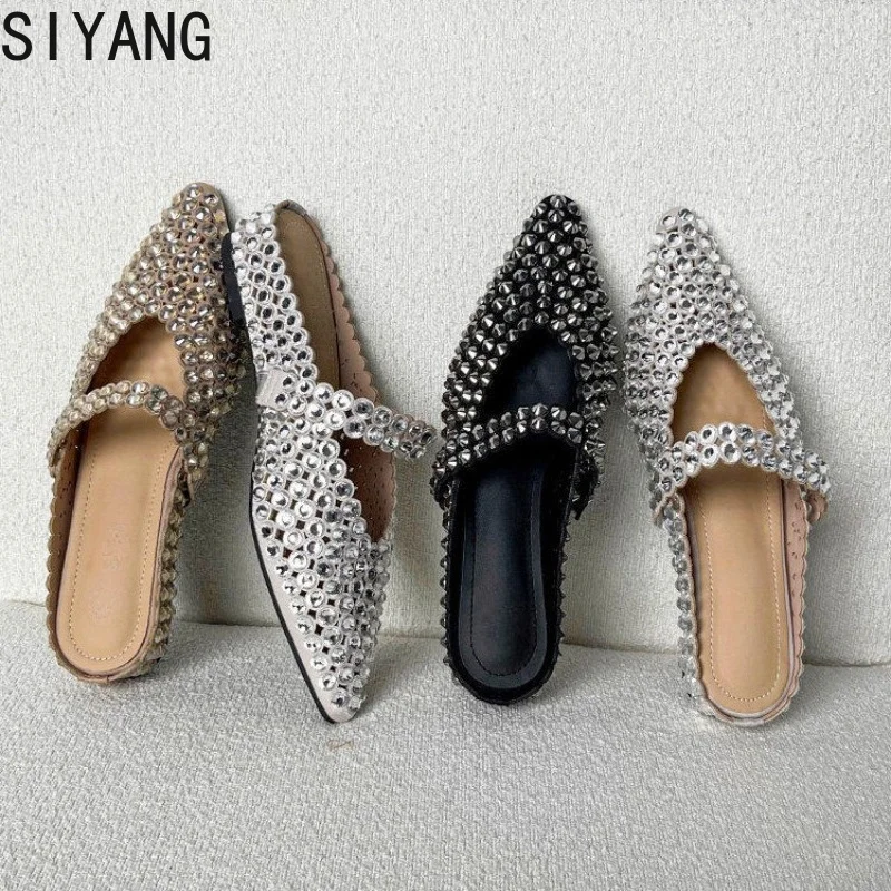 Cover Pointed Toe Women Mules Slippers Concise Slingback Slip On Shoes Spring Autumn Rhinestone Evening Party Ladies Slides