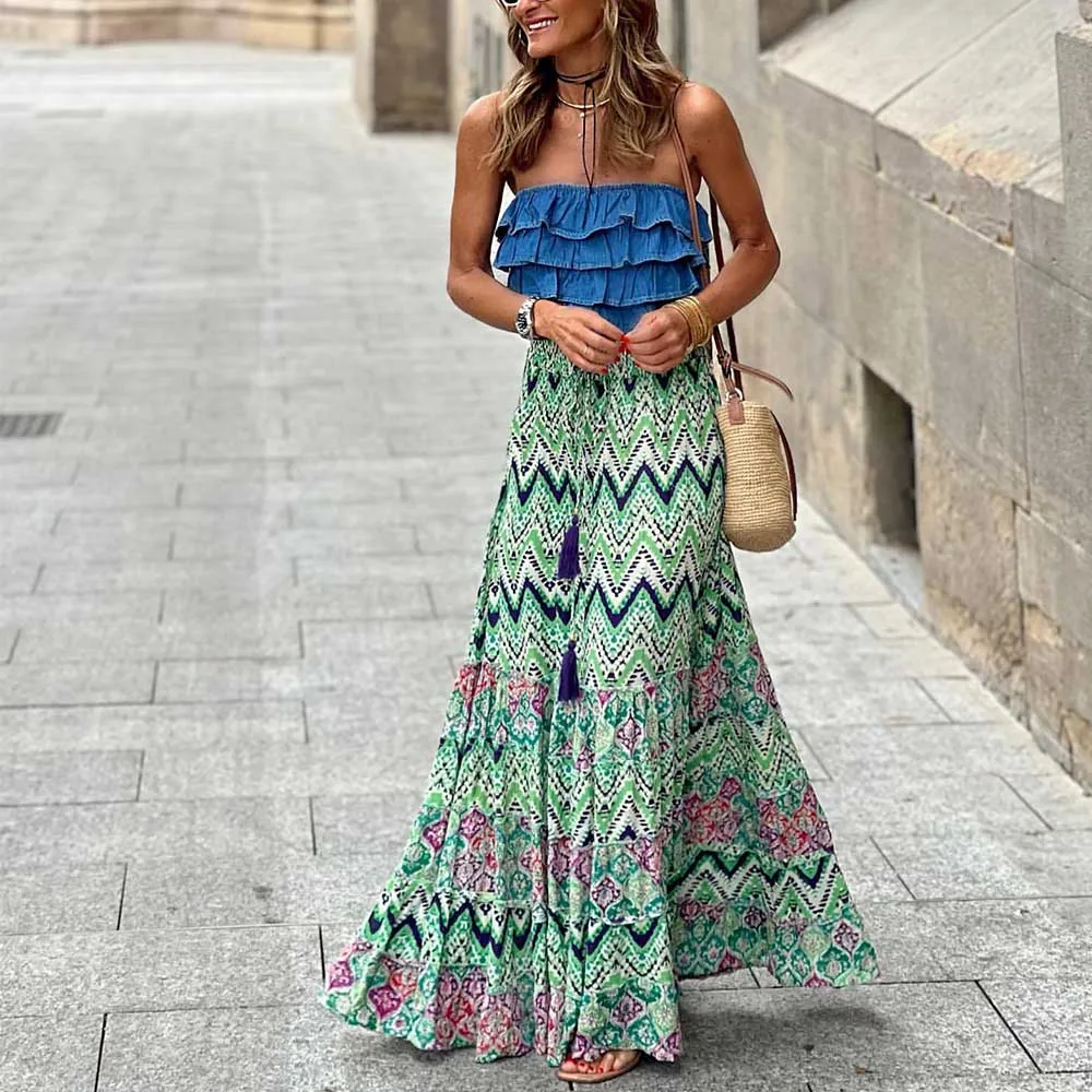 Summer High Waist Long Printed A-Line Skirt Floral Skirt Women Casual Beach Faldas Female Boho Elastic Waist Holiday Maxi Skirts