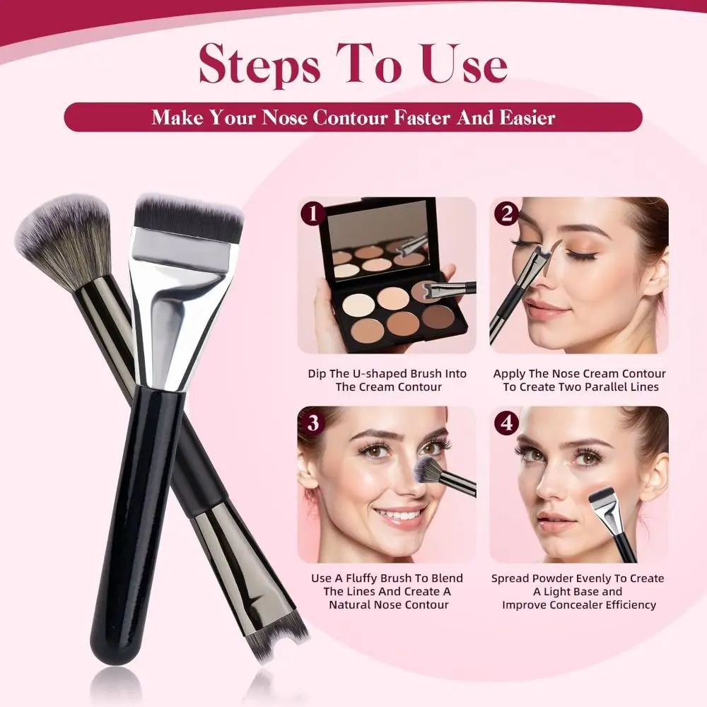 Conjunto de pincéis 2 em 1 para contorno de nariz, escultura de nariz para blush, destaque, base plana, definindo em forma de u e pincel fofo, maquiagem facial