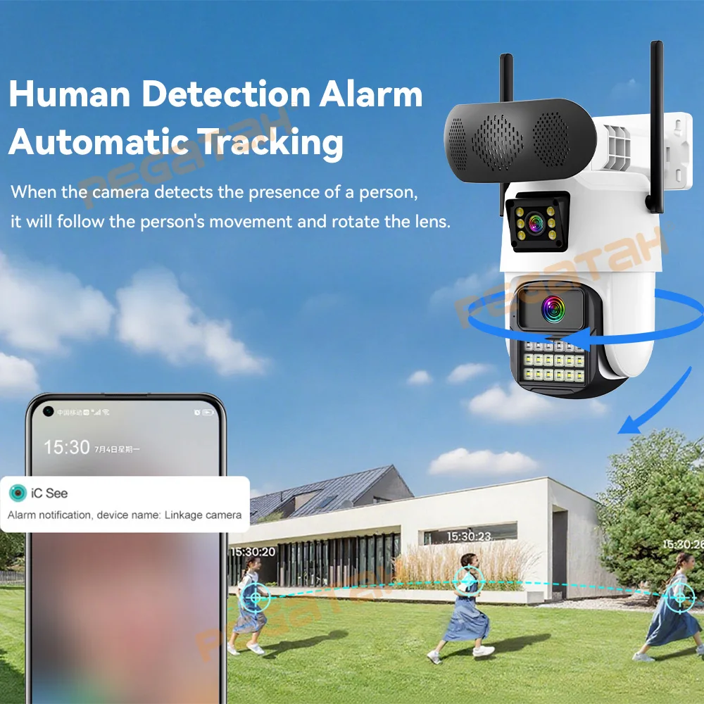 كاميرا أمان WiFi 8 ميجابكسل في الهواء الطلق مع سمّاعات بلوتوث عدسة مزدوجة تتبع تلقائي IP CCTV شاشة مزدوجة الوصول NVR Cam iCSee APP #4