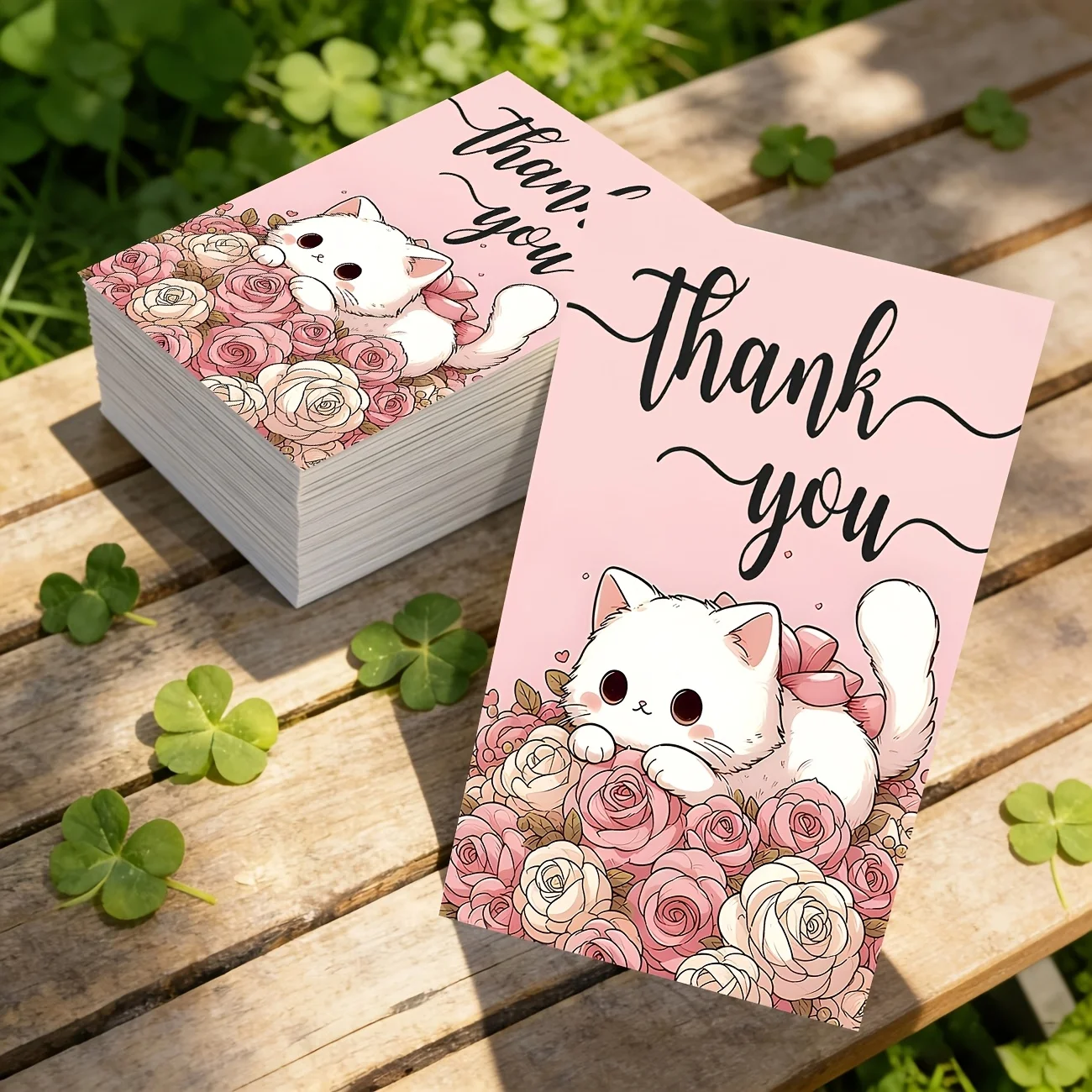 50PCS Pink Rose and Cute Cat Design Thank-you Cards, Used for Souvenirs, Festivals, Shops, Parties and Other Occasions