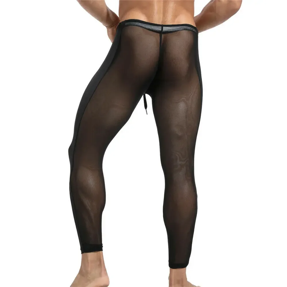 Pantalones largos de malla para hombre, ropa interior Sexy transparente, lencería transpirable, Leggings para dormir en casa, pantalones de pijama