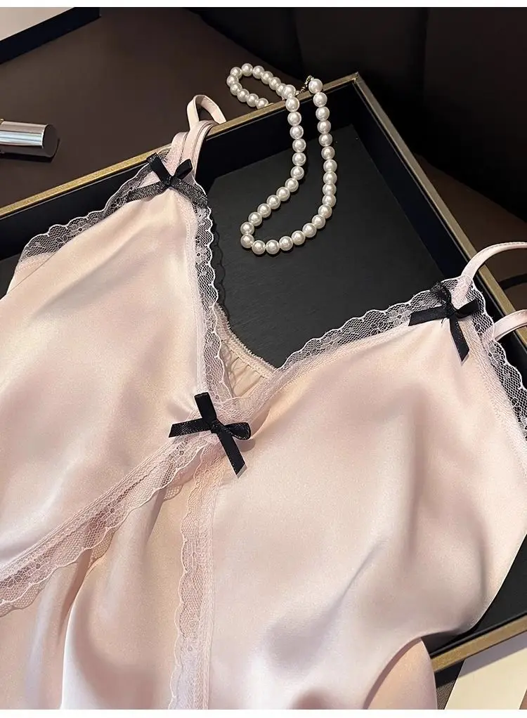 Set Piyama Wanita Mode V Leher Satin Babydoll Renda Lingerie Seksi Ikatan Simpul Baju Tidur Selempang Tidur dan Set Celana Pendek Pakaian Tidur