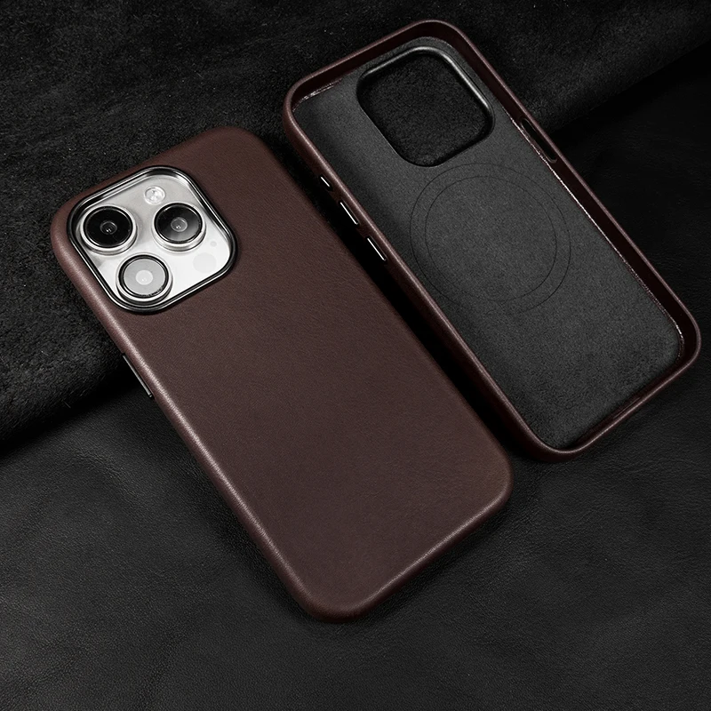 Genuine Leather Case for iPhone 16 Pro Max Quality Business Case for iPhone 15 Pro Max Strong Magnetic Charging Phone Back Cover