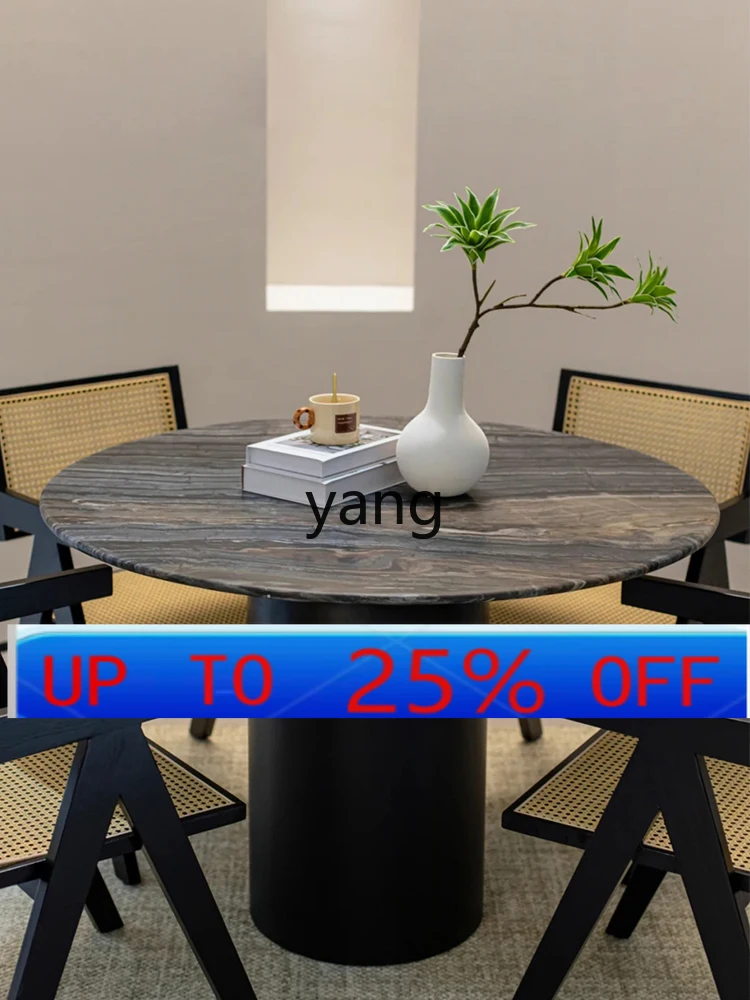 

Lmm solid wood natural marble dining table round small apartment old wood grain round dining table