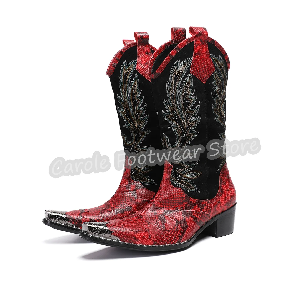

Retro Snake Print Western Cowboy Boots for Men Mixed Color Embroidered Metal Pointed Toe Chunky Heel Male Mid-Calf Boots