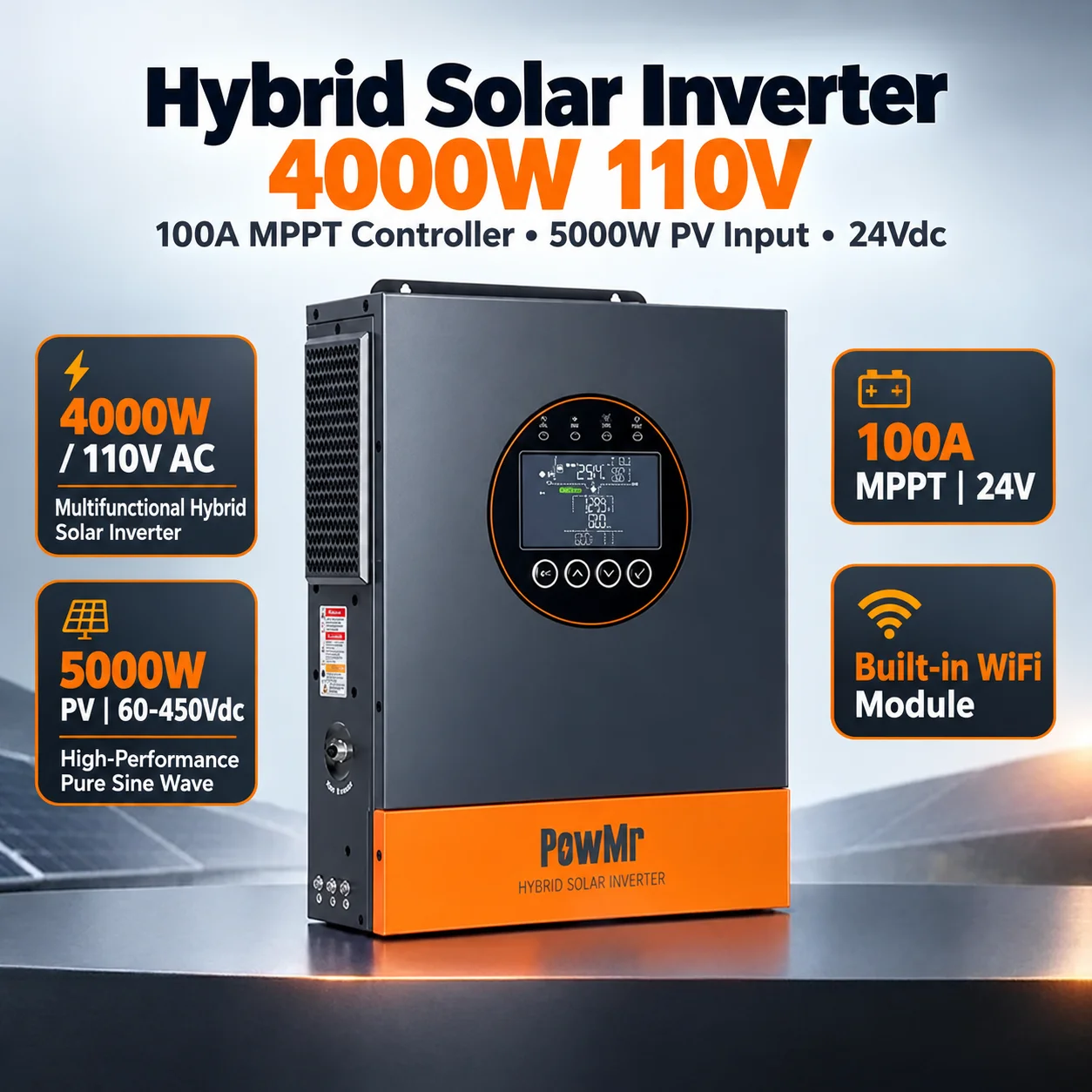 PowMr 4kW MPPT Solar Inverter 24V Off-Grid Pure Sine Wave UPS Max 500V PV Input for 24V LiFePO4 Battery Built in BMS RS485 CAN with Dual AC Output for Home RV Inversor