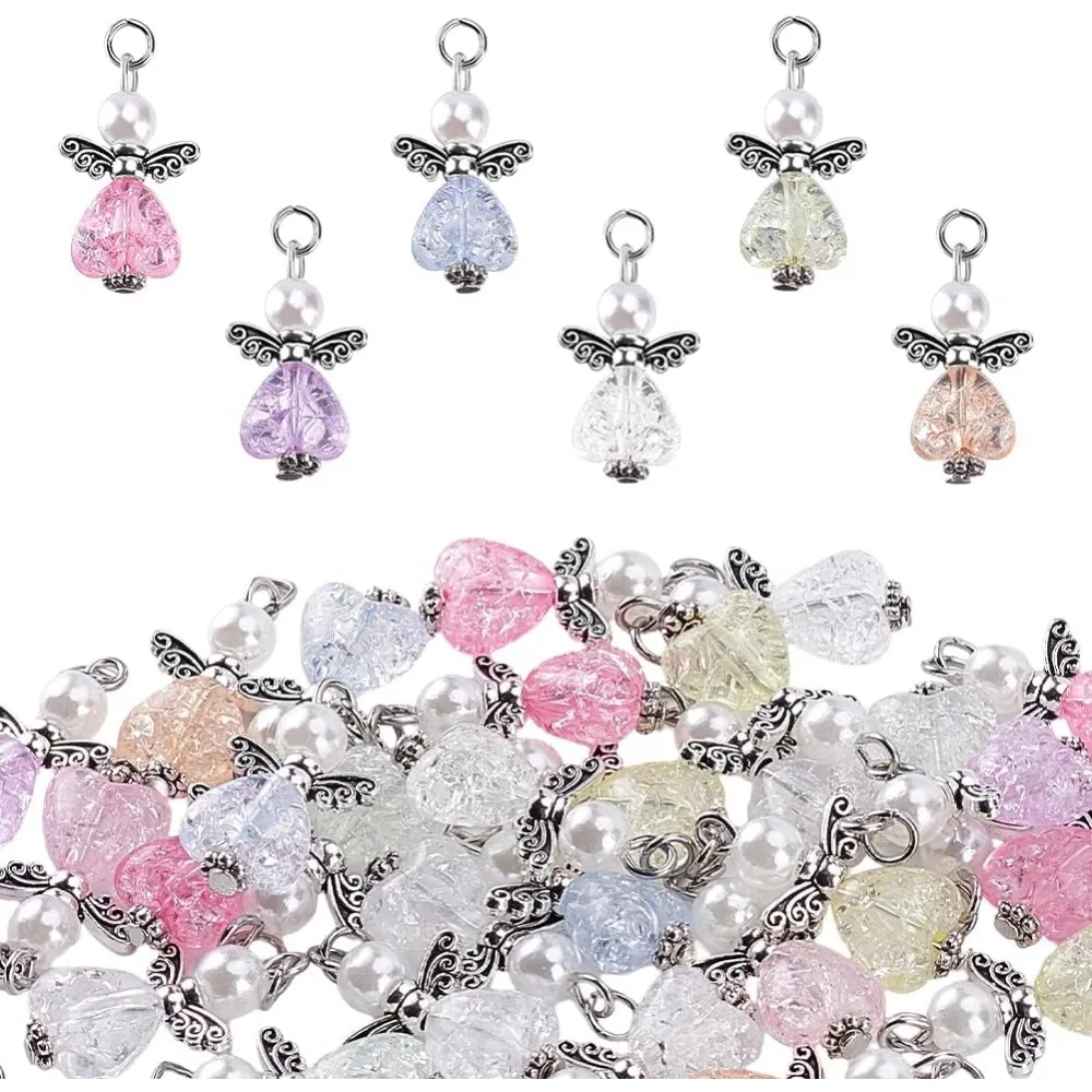 

30pcs Angel Charms Mixed Angel Wing Pendants Guardian Charms Heart Glass Bead for Jewelry Necklace Bracelet Earring Making kit