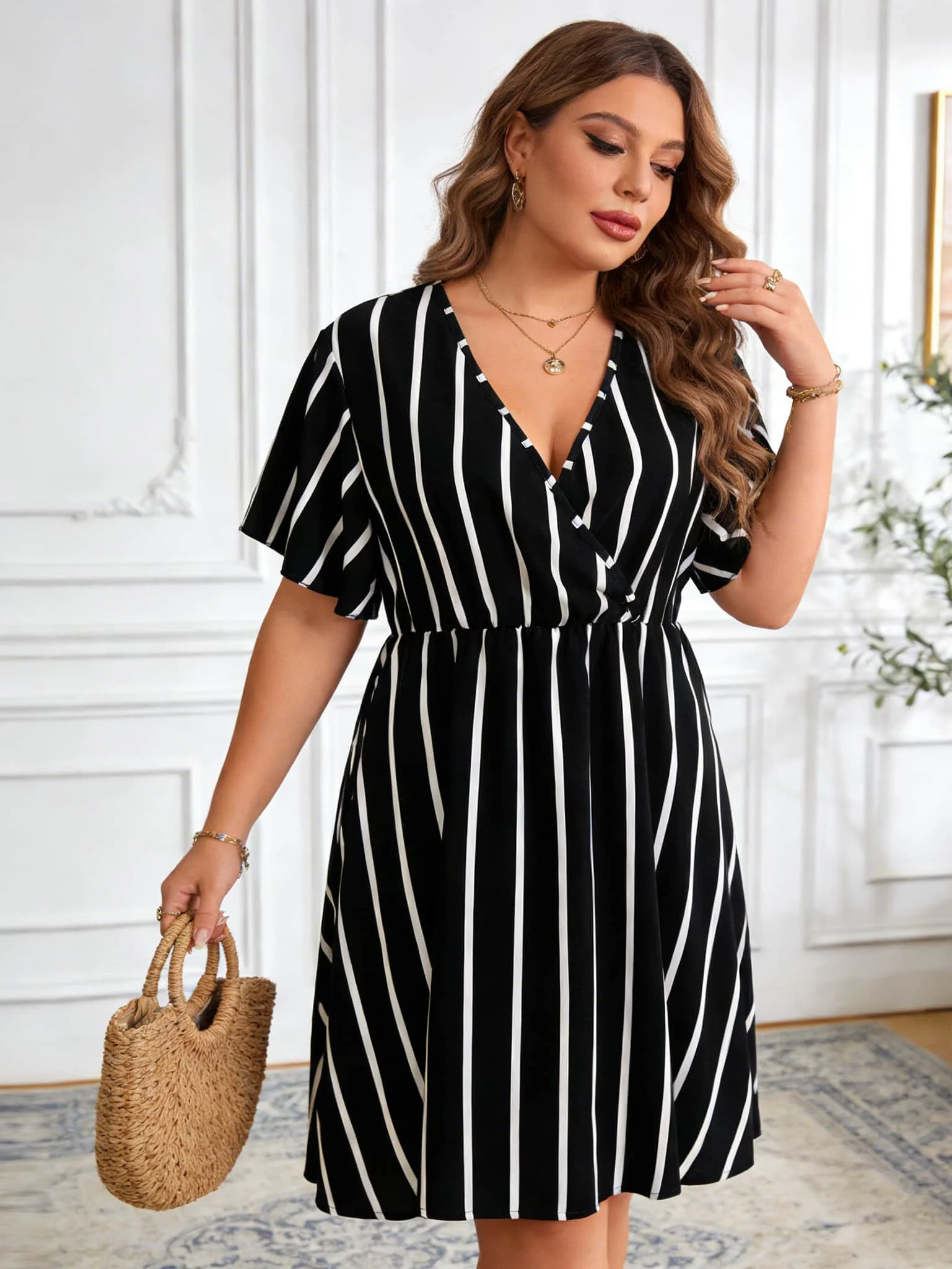 

2026 Chill Plus Size Navy Striped Wrap Dress Elegant Flowy Ruffle Sleeve V-neck Mini Dress Slim Fit Casual Summer Chic Dresses