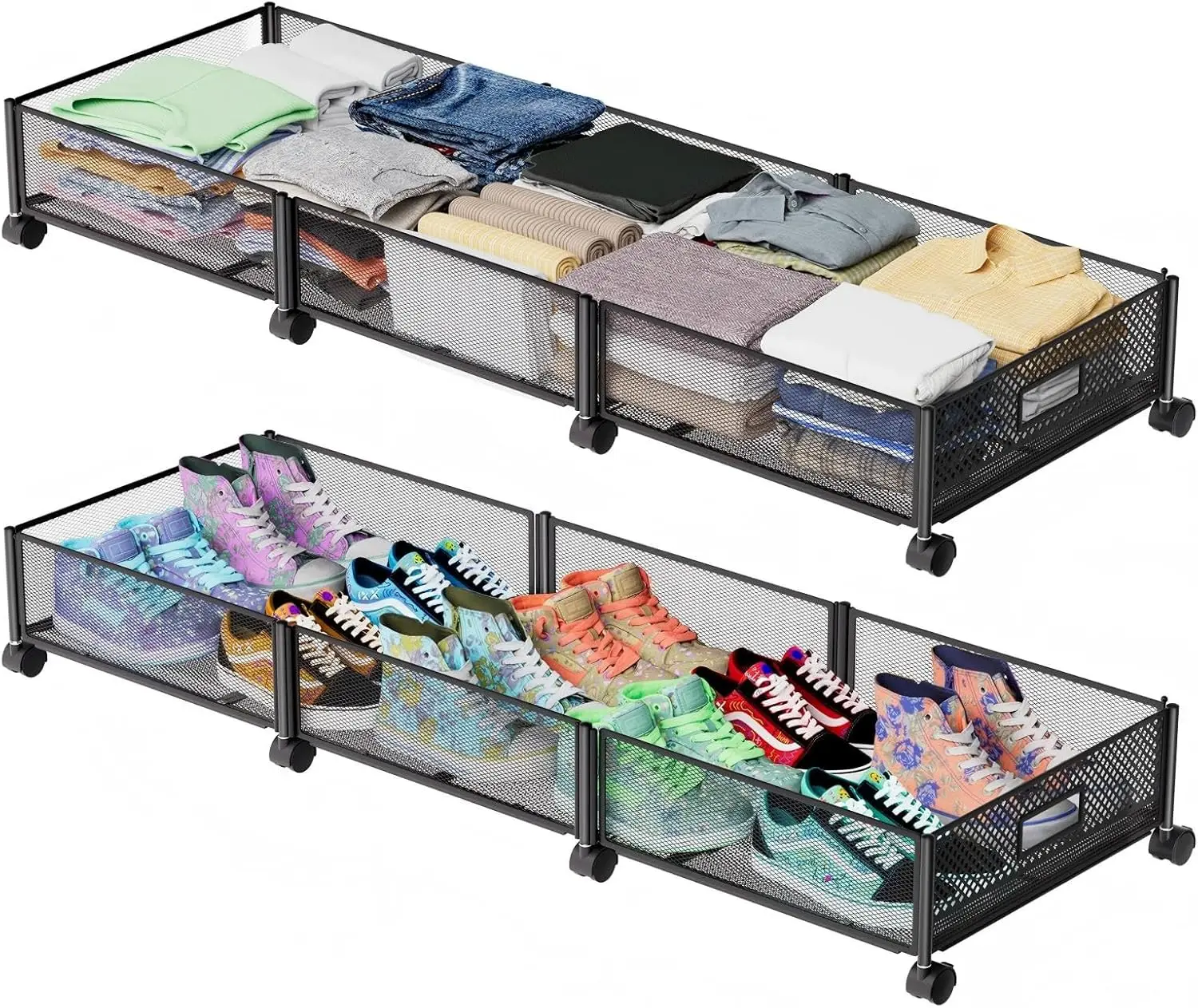 

Large Rolling Under Bed Storage with Wheels, 57.6L Capacity, Tool-Free Assembly Foldable Metal Drawers for Shoes Clothes