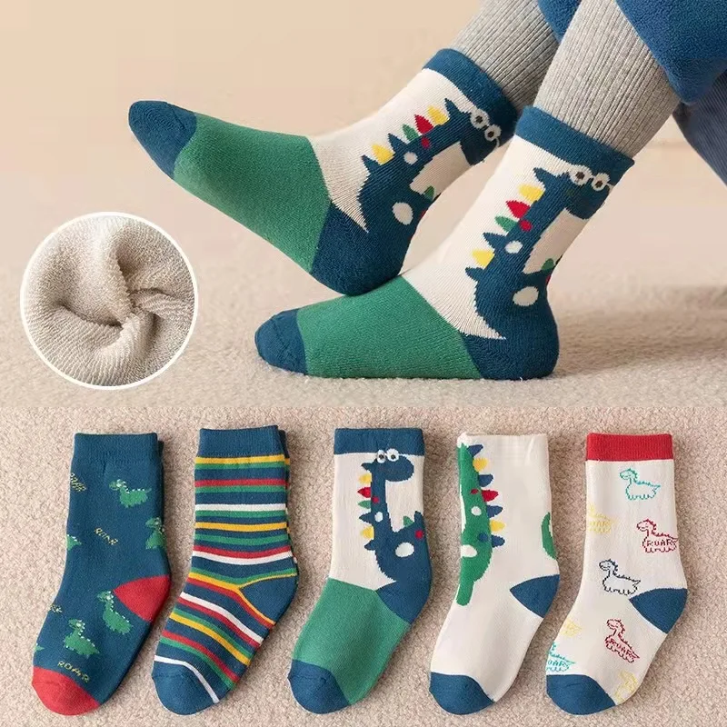 5 Pair/Set  Autumn And Winter Children Thickened Warm Socks Dinosaur Cute Mid-Calf Terry Leisure Sports Socks 3 To12 Years kids