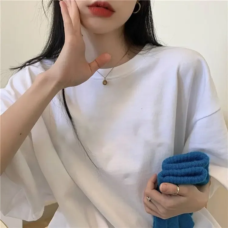 Women Short Sleeved T-shirt Pure Cotton White Loose Fitting Round Neck Top Oversize Casual Summer New Basic