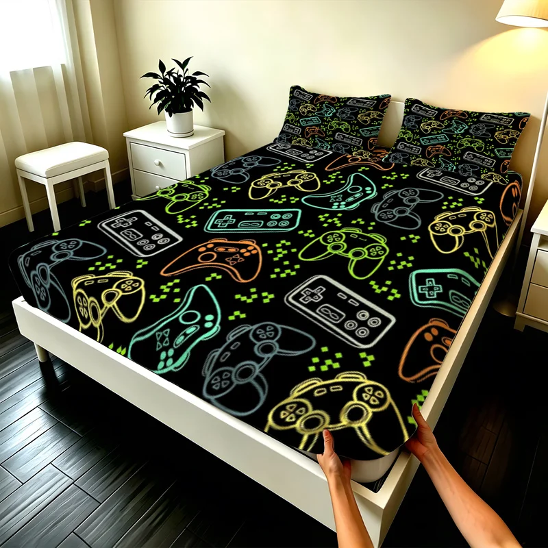 3Pcs Microfiber Fitted Sheet Set,Deep Pocket,Multi-Sizes,Durable,Vibrant Game Controller Motif,Modern Bedroom Decor for Gamers