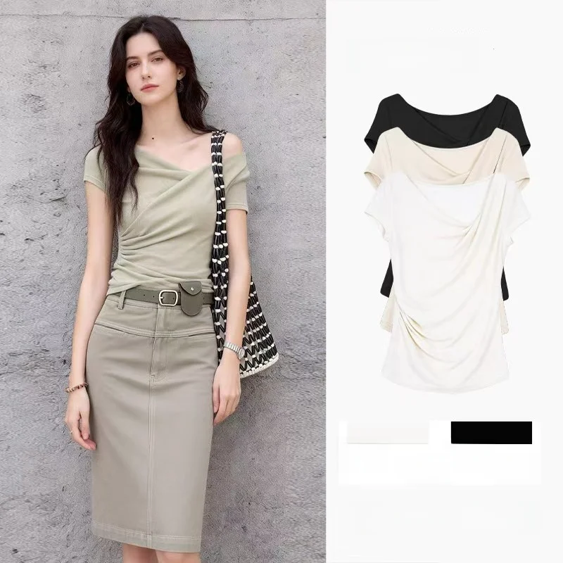 

Slimfit French Style Tshirt Short Sleeve Gathered Waist Design Pure Color Women's Premium Quality Regular Length Spring Season