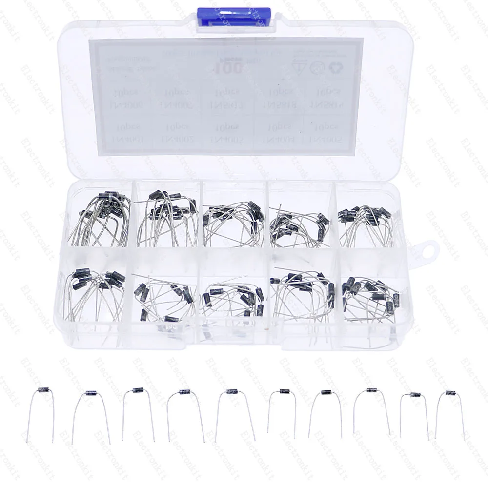 100pcs 10 Values DIP Diode Assorted Kit Box 1N4001 1N4002 1N4003 1N4004 1N4005 1N4006 1N4007 1N5817 1N5818 1N5819