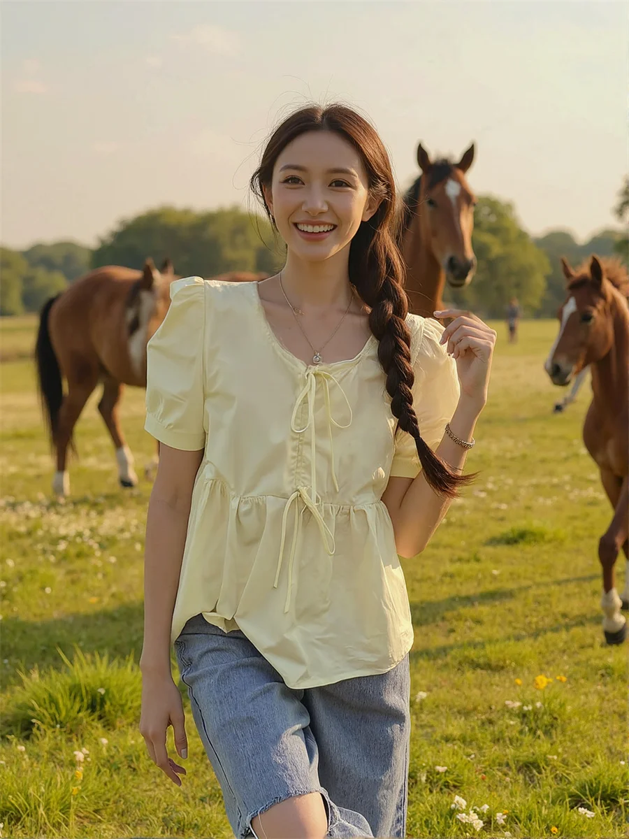 بلوزات أنيقة للنساء ربطة القوس فيونكة ثنيات أمامية مخططة بأكمام طويلة من الكتان بتفاصيل مكتبية للسيدات موضة الخريف الكورية #6