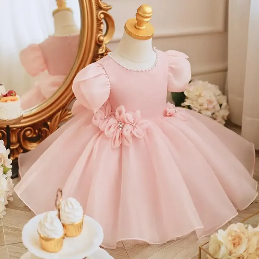 

New Children's Princess Evening Gown Pearls Bow Appliques Design Birthday Baptism Party Easter Eid Dresses For Girls A2861