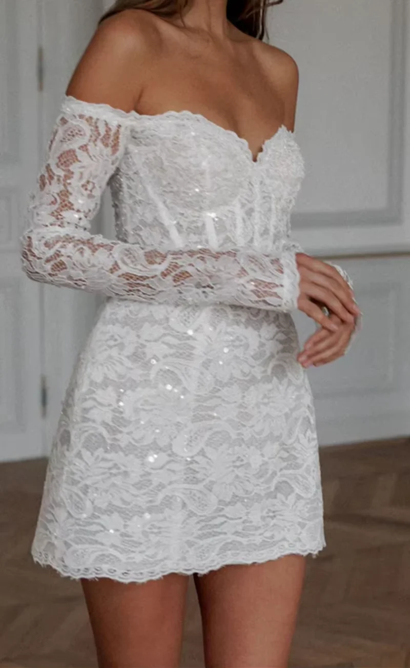 2024 Sexy Off The Shoulder Long Sleeves Full Lace Applique Short Mini Wedding Dresses Custom Made Formal Bridal Grown