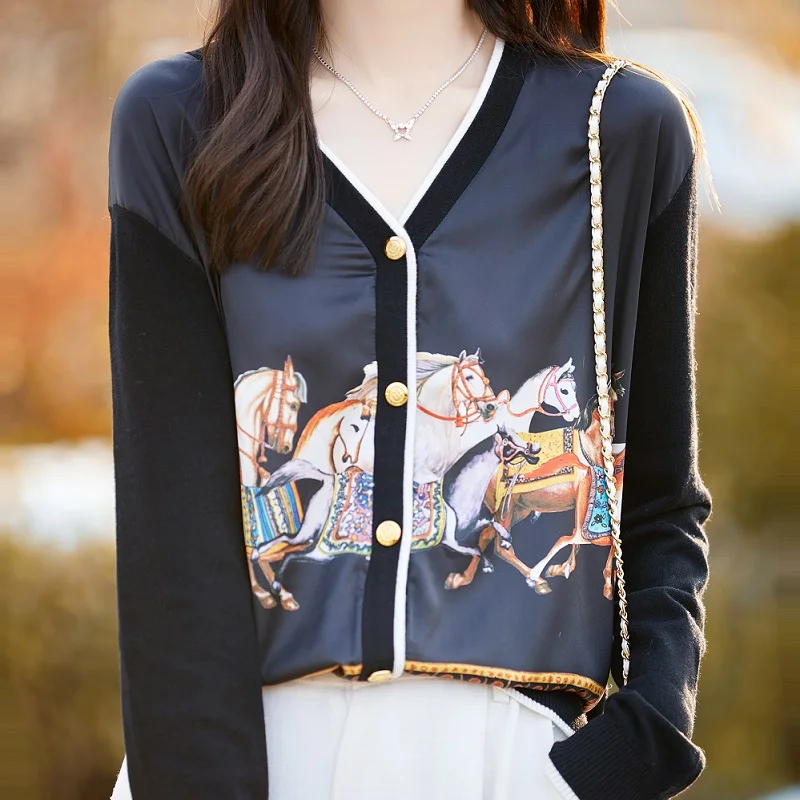 Spring Autumn Women 100% Wool Silk Stitching Sweater New V-neck Printing Cardigan Casual Knitted Soft Jacket Slim Warm Tops