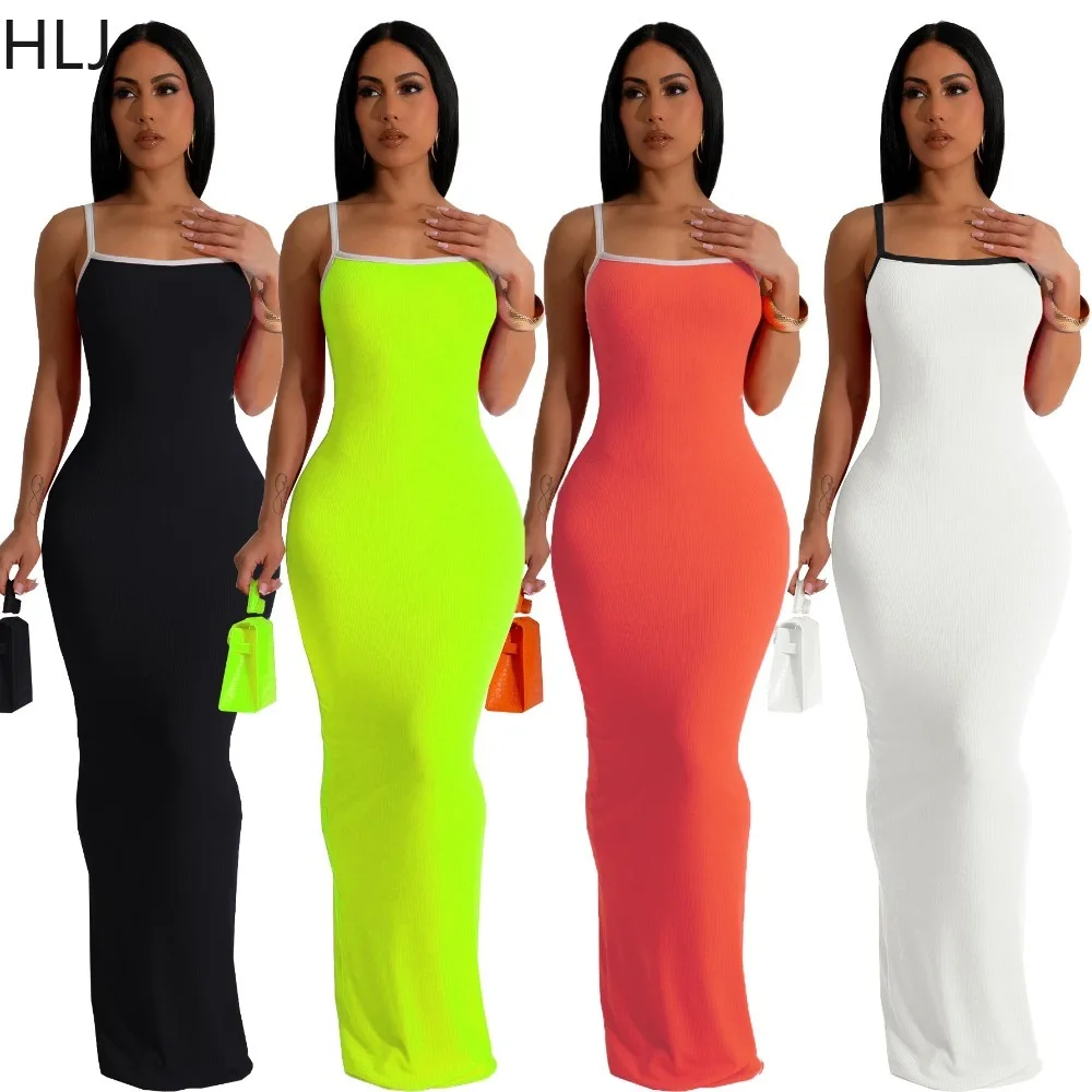 

HLJ Sexy Solid Color Stitching Bodycon Suspenders Dresses Women Thin Strap Sleeveless Backless Slim Vestidos Fashion Streetwear