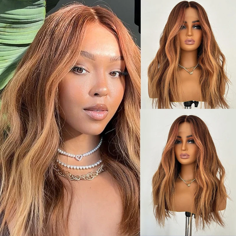 Body Wavy Synthetic Lace Front Wigs For Black Women Ginger Higlight Lace Wig With Baby Hair Cosplay Wig Heat Resistant For Daily