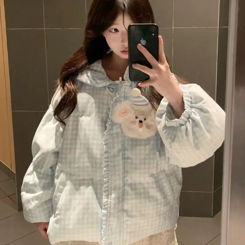 

Зимняя утепленная студенческая куртка с хлопковой подкладкой для девочек, женская хлопковая куртка-пуховик в сине-белую клетку с капюшоном в консервативном стиле, трендовая