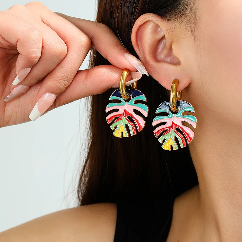 Fashion Colorful Big Leaf Gold Color Stainless Steel Earrings For Women Jewelry Vintage Statement Enamel Round Hoop Earrings