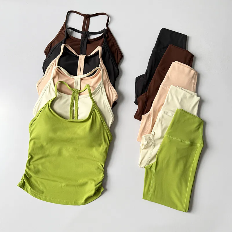 

2PCS Yoga Tops High-waisted Butt-lifting Fitness Cropped Leggings Nude Push-up Shock-proof Training Sports Bra Outer Wear Set