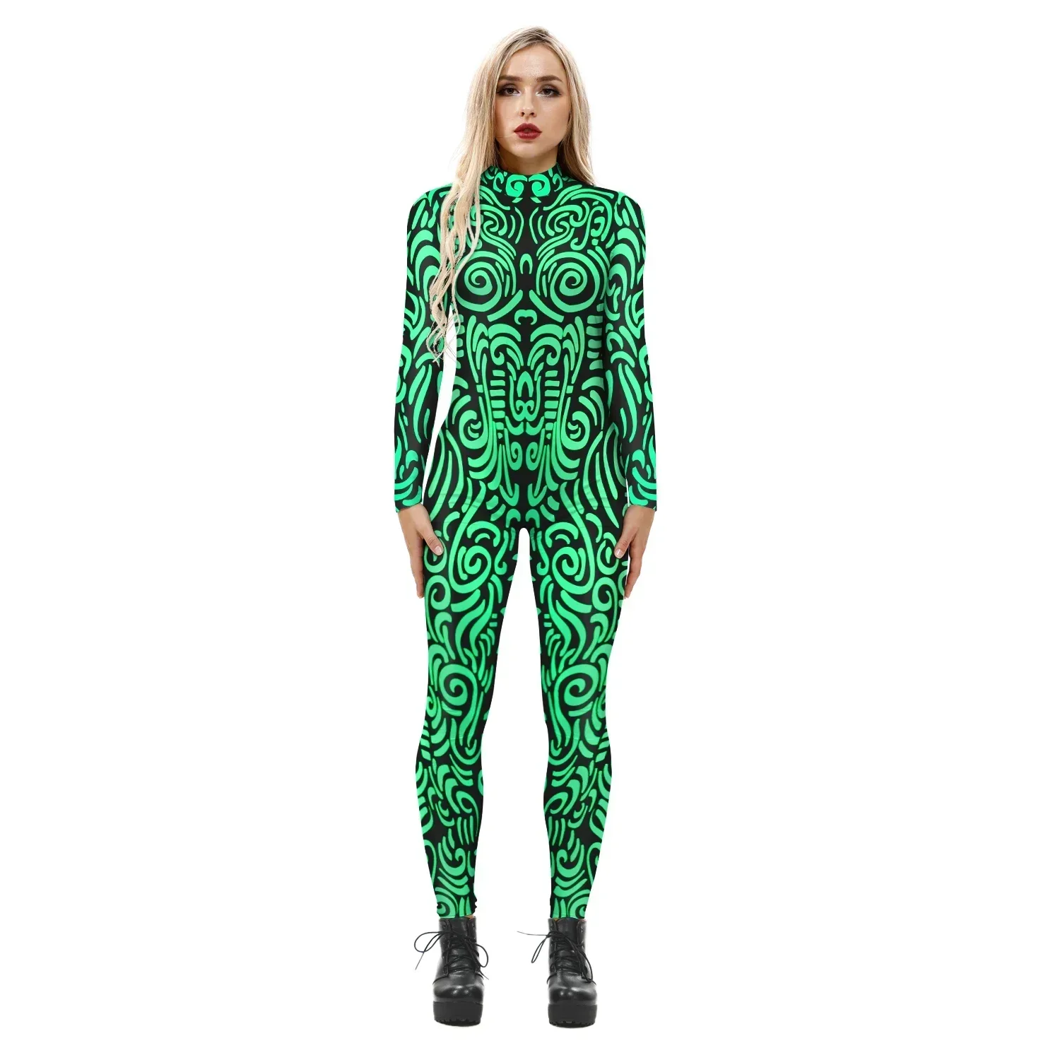 2023 New Green Stripe 3D stampato tuta donna Sexy Fancy Party Dress Halloween Carnival Zenti body