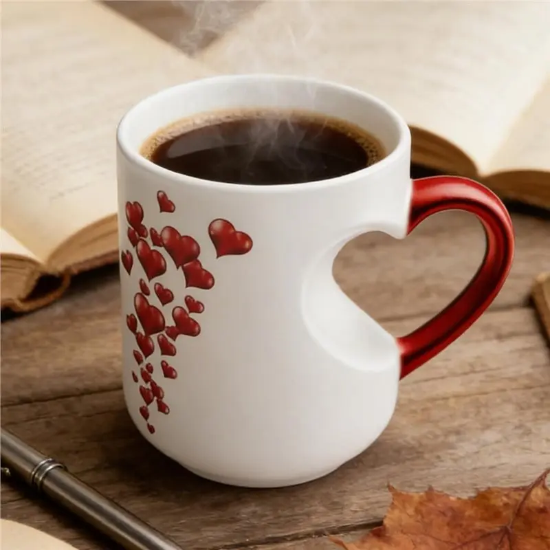 LLCS-Surprise Design Reveal Heart-Shaped Color-Changing Magic Mug Coffee Cup With Handle