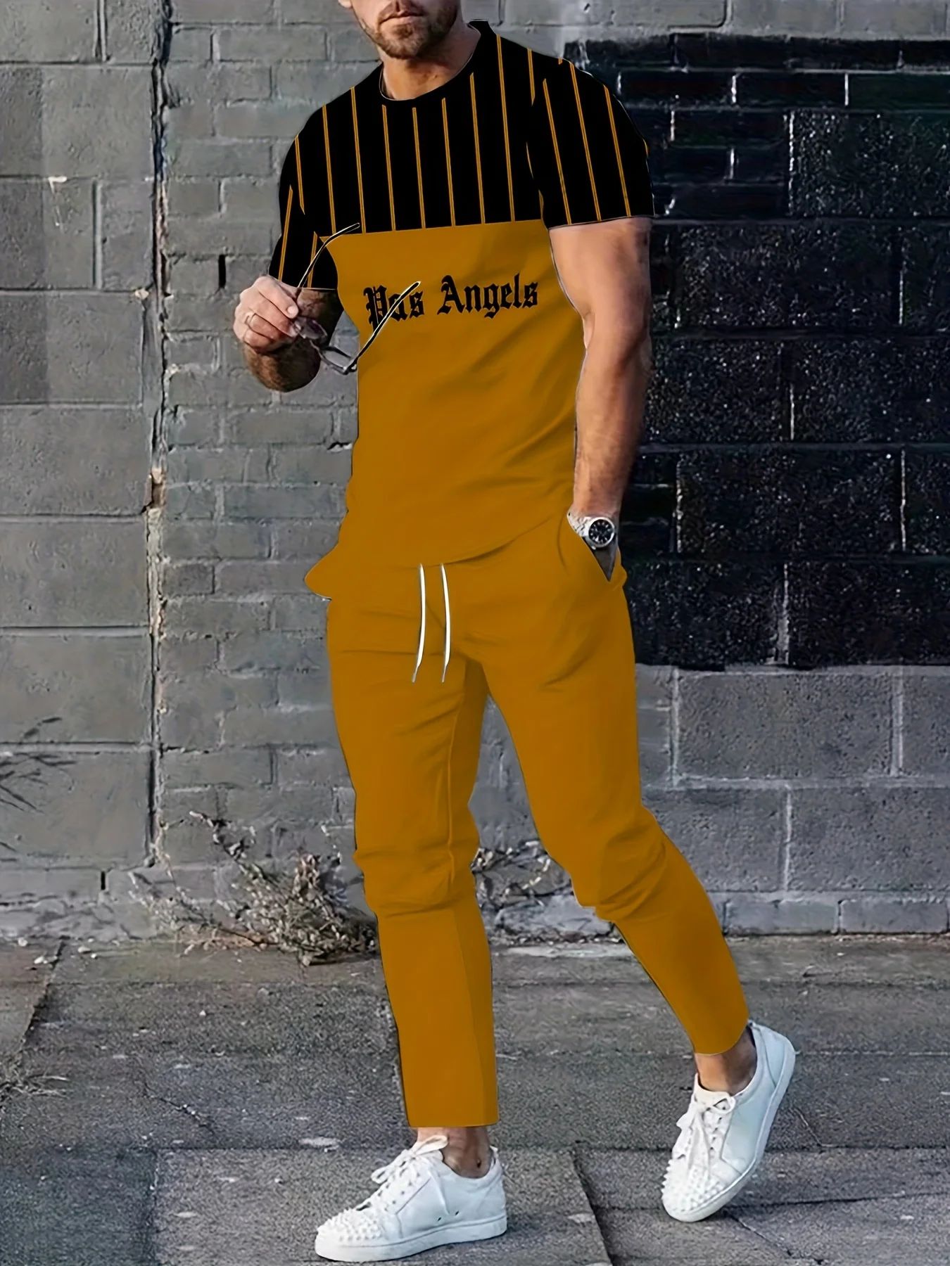 

2025 Summer New street fashion 3D vertical stripe letter print fitness casual soft comfortable and breathable men's set