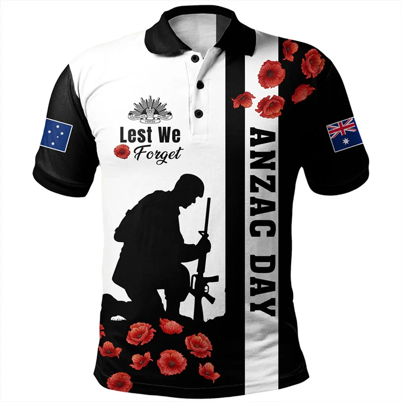 Lest We Forget Anzac Day 폴로 셔츠 남성 의류 스트리트 반소매 옷깃 골프 2025년 4월 25일 여름 패션 버튼 탑