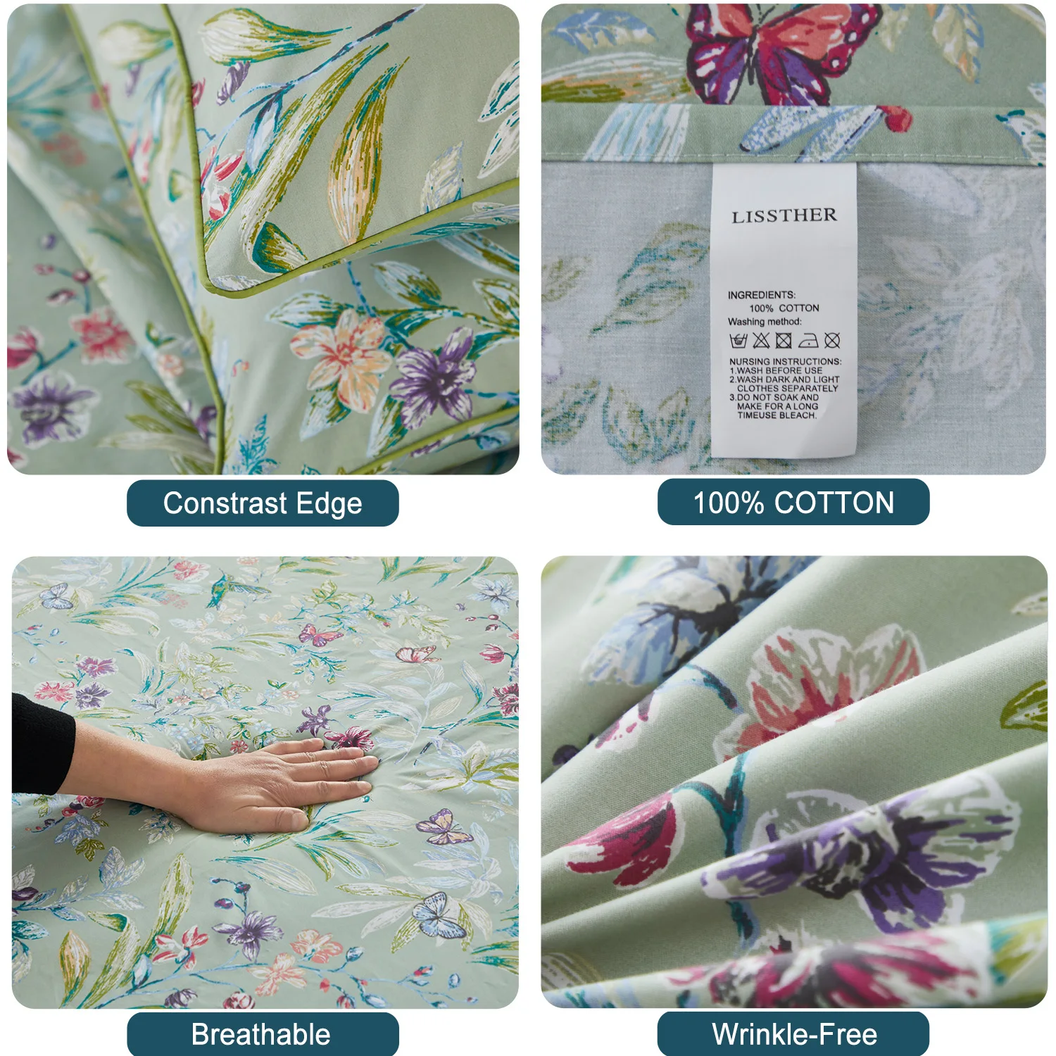 3pcs 600 TC 100% Egyptian Cotton Duvet Cover Set (Without Core),  Vintage Butterfly In Botanical Floral, Soft & Skin-friendly