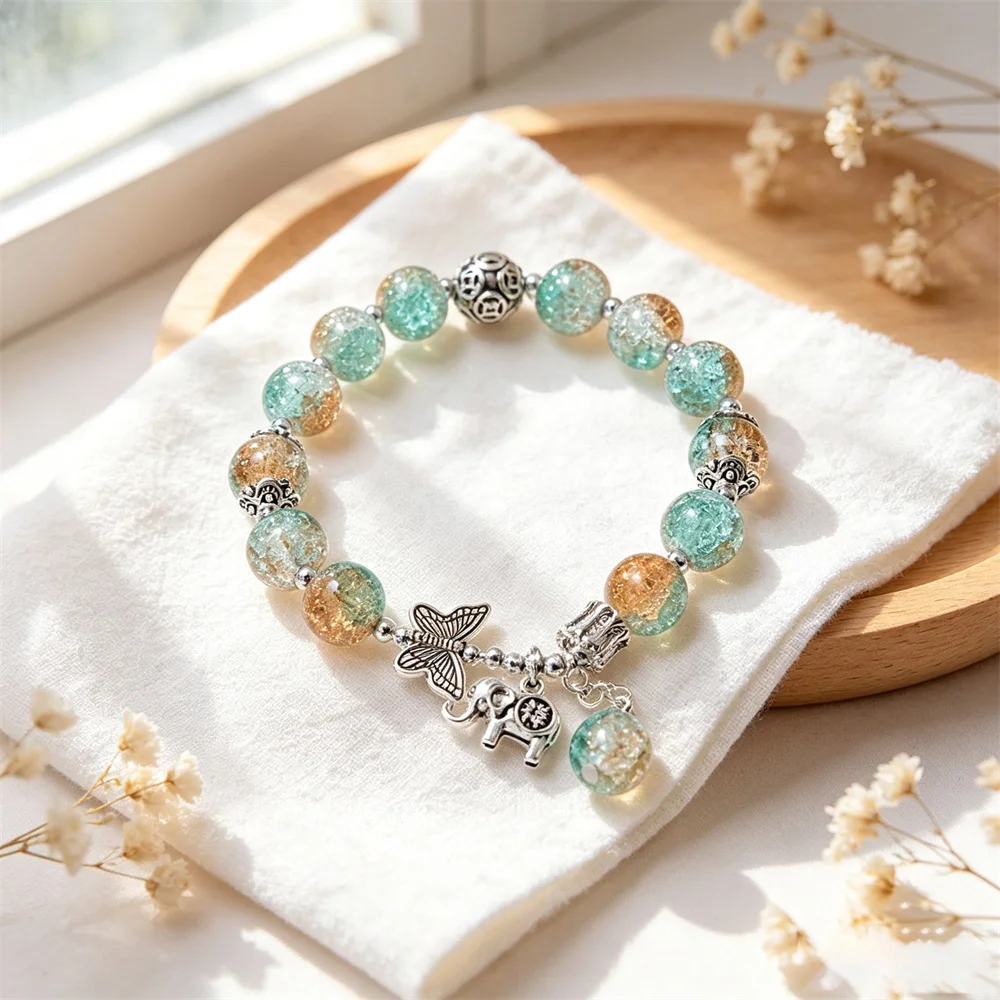 Fashion Ice crack Gradient Beaded Bracelet for Women Vintage Handmade Butterfly Elephant Bracelet Valentine's Jewelry Gifts