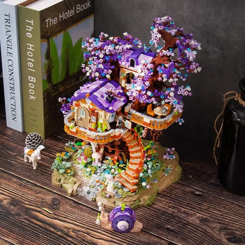 LOZ 1065 Mini EIf Tree House Purple Luminous Building Blocks DIY Street View Cherry Blossom Brick Set Toys For Christmas Gift