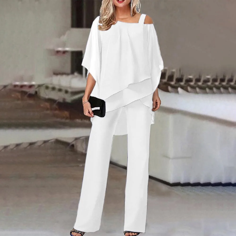 

2025 Spring Summer and Autumn Bat Sleeve Tops and Trousers Women Casual Off-Shoulder Irregular Party Suit Elegant Two-piece Set