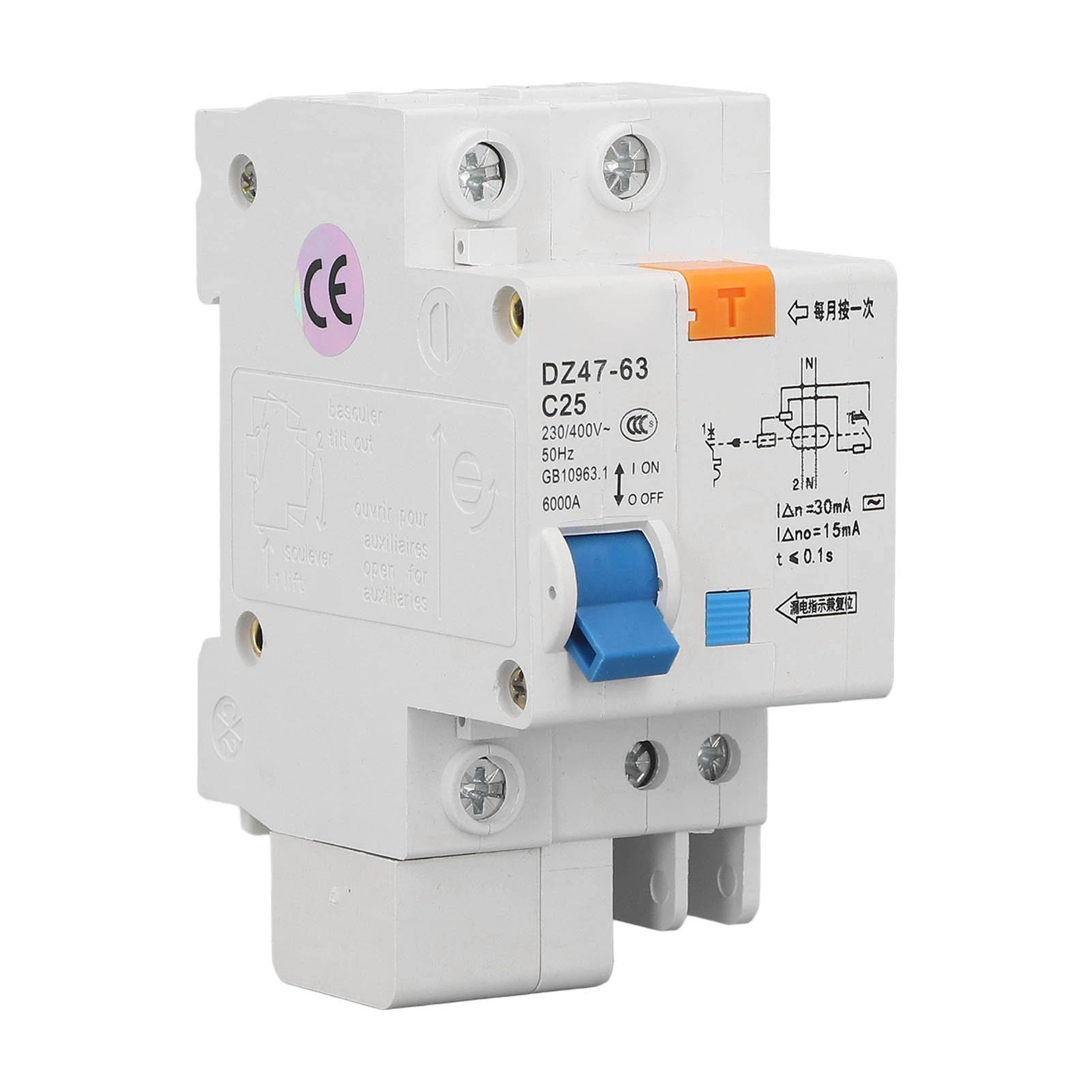1P+N 25A AC Circuit Breaker Ground Fault Leakage Protection Switch 230V 400V DZ47LE‑63 C25
