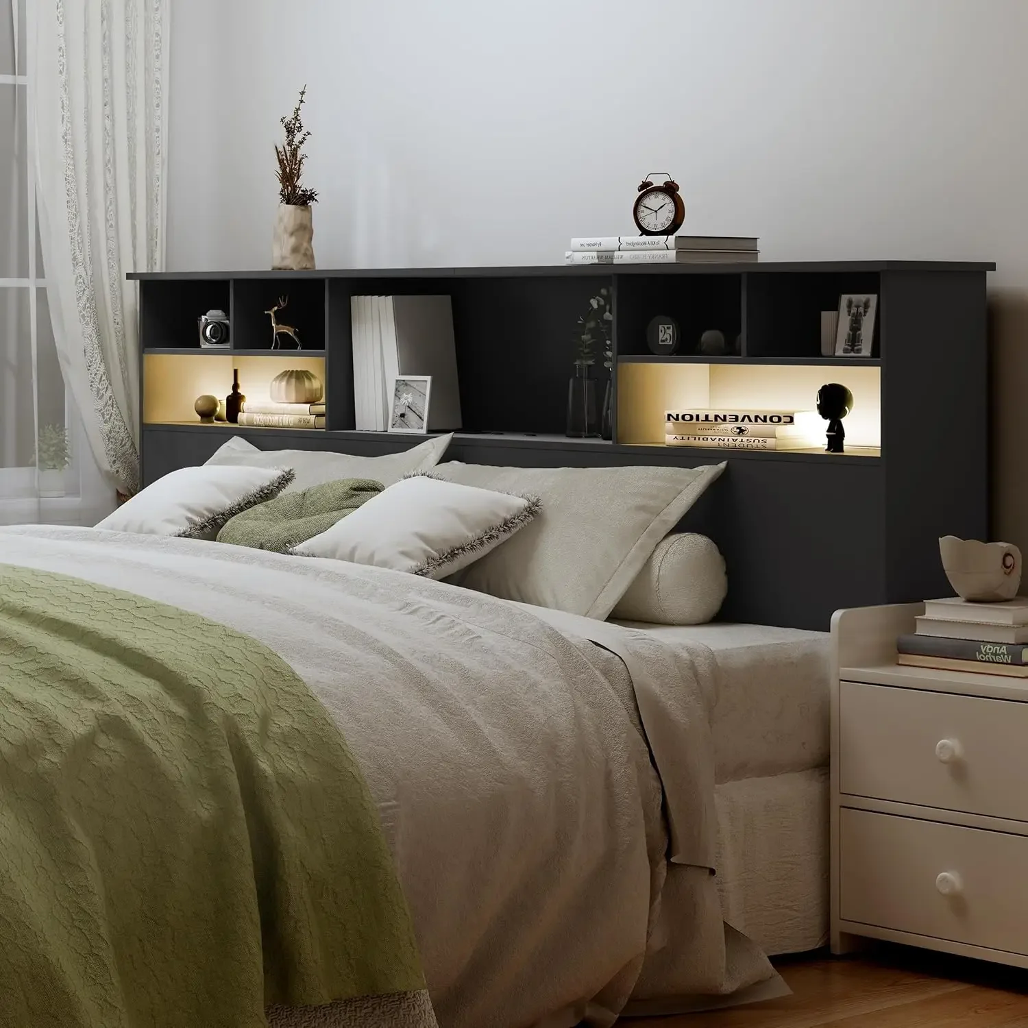 King Size Headboard only for Bedroom, Stylish King Bookcase Headboard with Built-in Charging Station & 2 LED Lights image 2