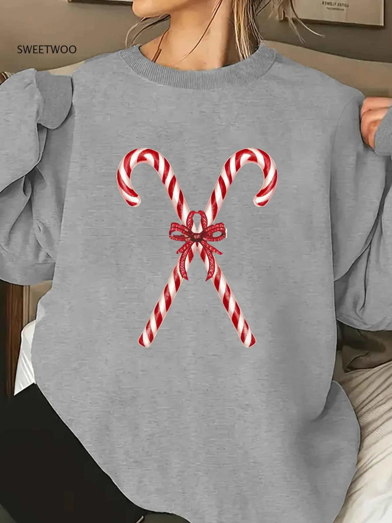 

Women's Festive Candy Cane Graphic Sweatshirt- Crew Neck, Casual Machine Washable, Black with Red and White Stripes