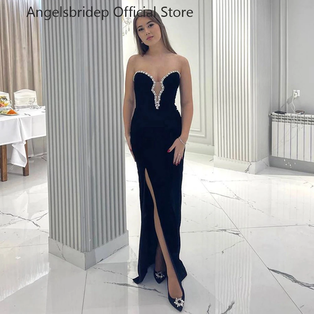 

Angelsbridep Black Mermaid Evening Dresses Saudi Sweetheart Crystals Prom Gowns Leg Slit Formal Occasion Dresses Party Dresses