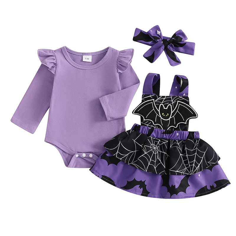 

My First Halloween Baby Girl Outfit Ruffle Long Sleeve Romper Suspender Skirt Headband Set Fall Winter Clothes