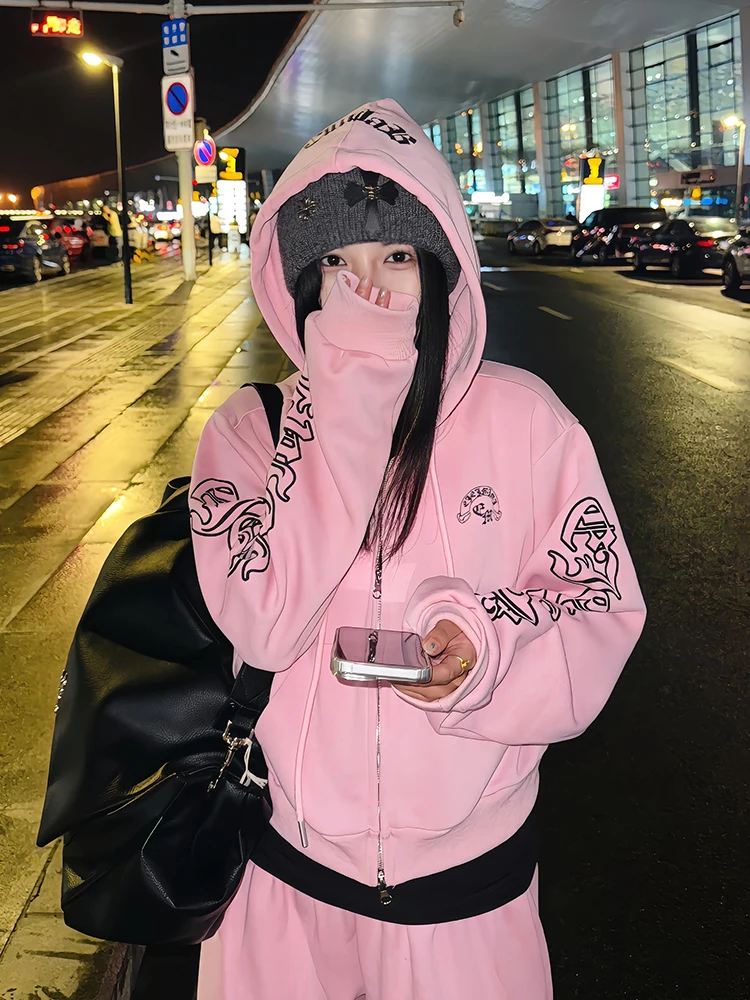 Felpa con Cappuccio Gotica con Stampa di Lettere, Doppia Cerniera, Slim Fit, Outfit Trendy per Ragazze, Giacca con Cappuccio Stile American Gothic