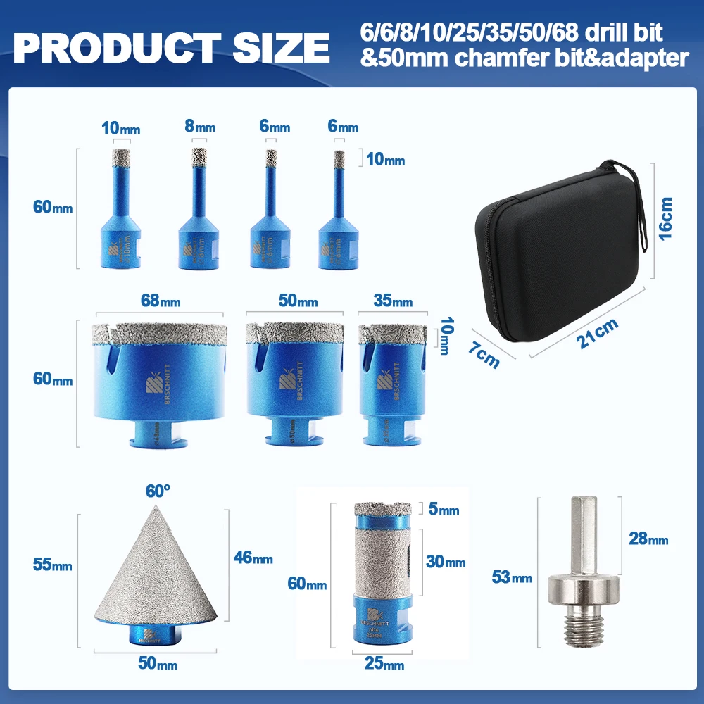 

BRSCHNITT 6/8/10/35/50/68 мм набор алмазных сверл, адаптер для фрезы для плитки, гранита, мрамора, камня, 10 шт., кольцевая пила, фреза