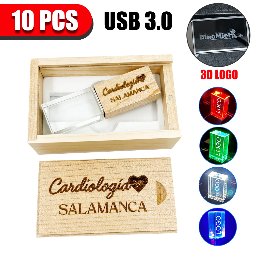 10pcs free logo USB 3.0 Flash drive With LED Crystal Pendrive 4GB 8GB 16GB 32GB 64GB 128GB Transparent Glass Photography Gifts