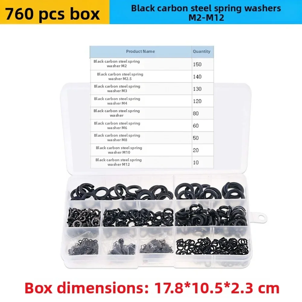 Black Spring Washers Set 760pcs M2-M12 For PreventingNut Loosening Reducing Vibration For Automotive And DIY Projects