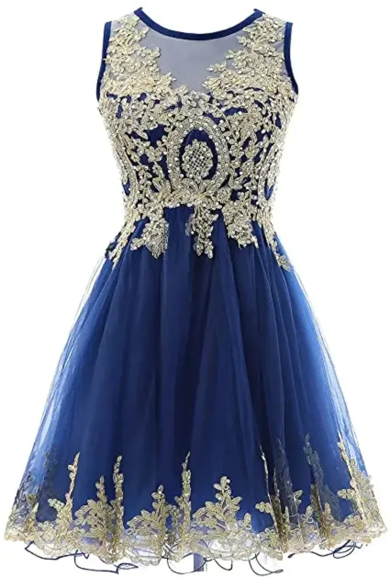 

New Sweet O-neck Cocktail Prom Mini Dress Elegant Appliques Homecoming Party Sleeveless Dresses Mesh Birthday Gown Vestidos