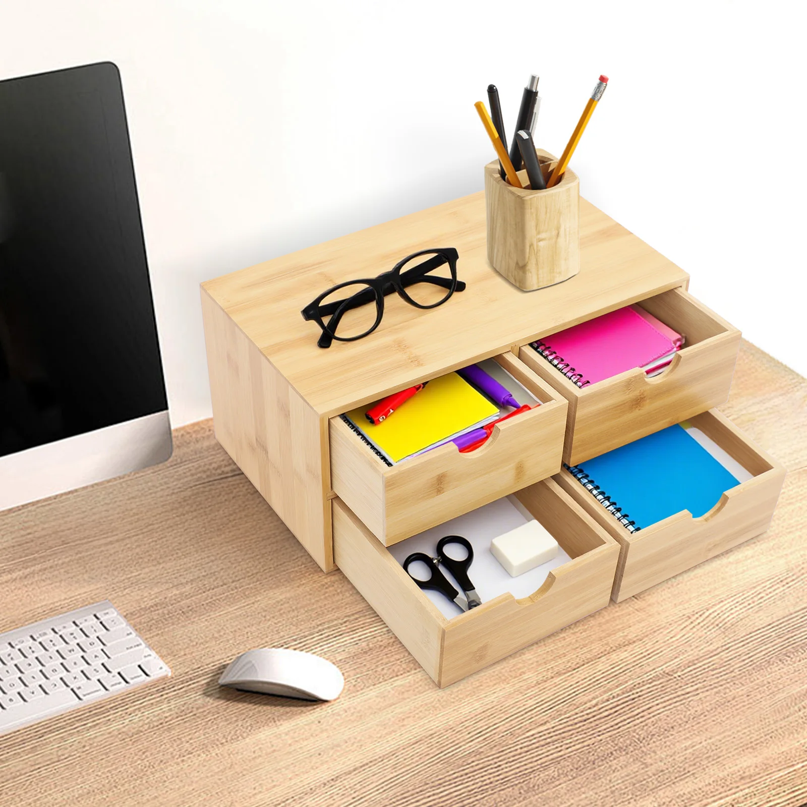 

Настольный органайзер из бамбука с 4 секциями и выдвижными ящиками, деревянный органайзер для офисного стола, для хранения косметики, канцелярских принадлежностей, в минималистичном стиле