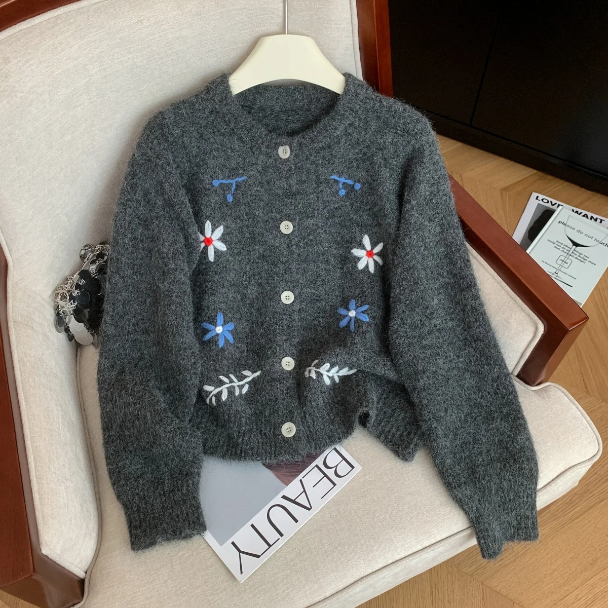 

Women Grey Cardigan Embroidery Sweater Y2k Vintage 2000s Elegant Cozy Soft Jumper Knit Long Sleeves Sweater Autumn Winter 2025