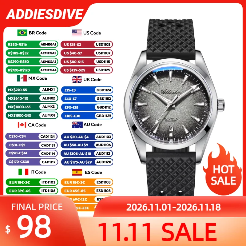 ADDIESDIVE Men's Diver Automatic Mechanical Watch Bubble Mirror Glass Super Luminous Wristwatch Simple AD2527 Waterproof Watches